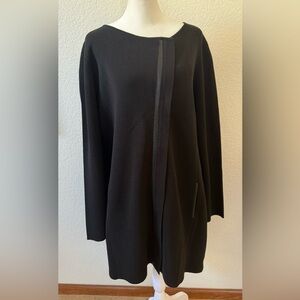 Eileen Fisher Silk Blend Asymmetrical Long Duster Sweater Leather Trim Black L